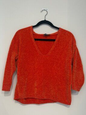 Express Chenille V-Neck Sweater Bright Orange Size S
